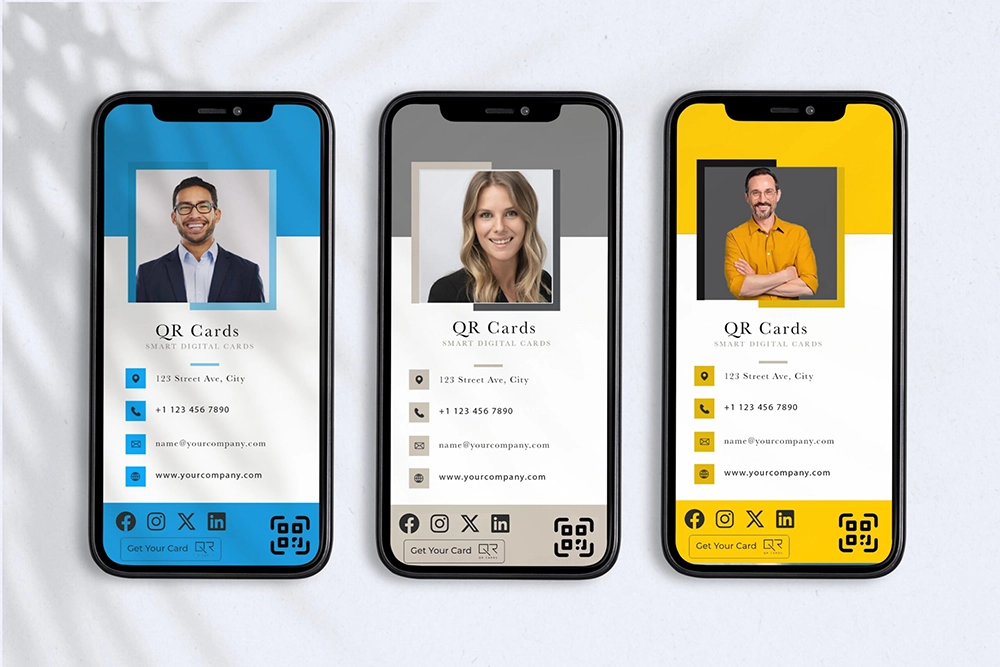 3 mobile phones showing digital business cards